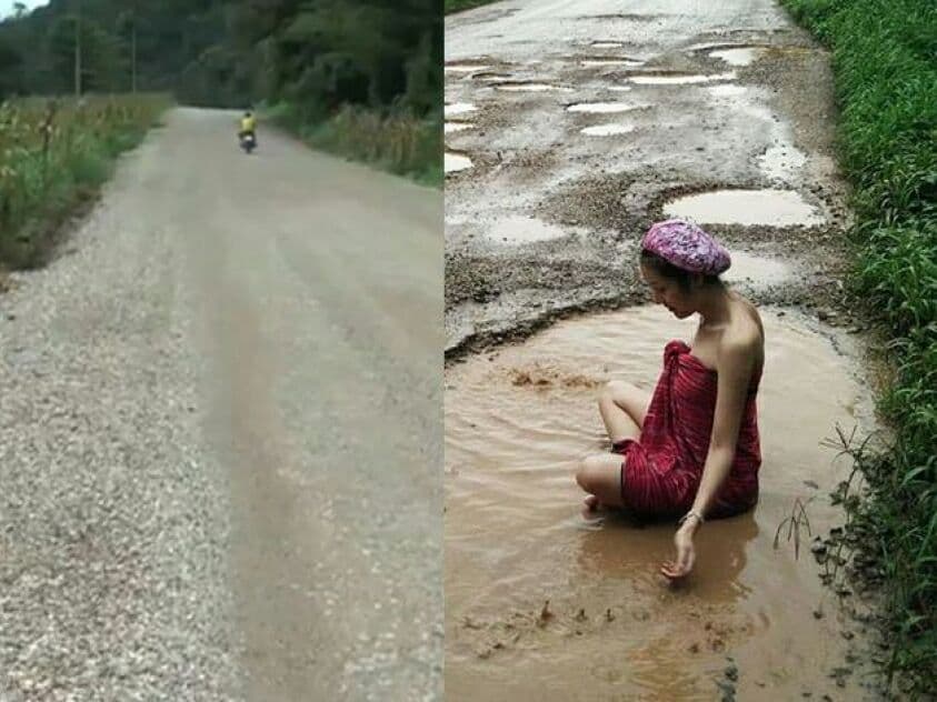Искупавшись в луже, транс "Палми" заставила чиновников отремонтировать дороги в провинции Так.