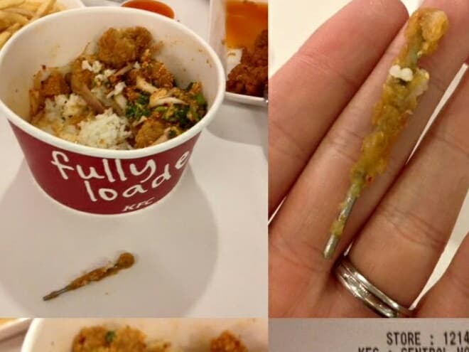 Обедая в KFC, мужчина нашел металлический ингредиент в своем салате с курицей.
